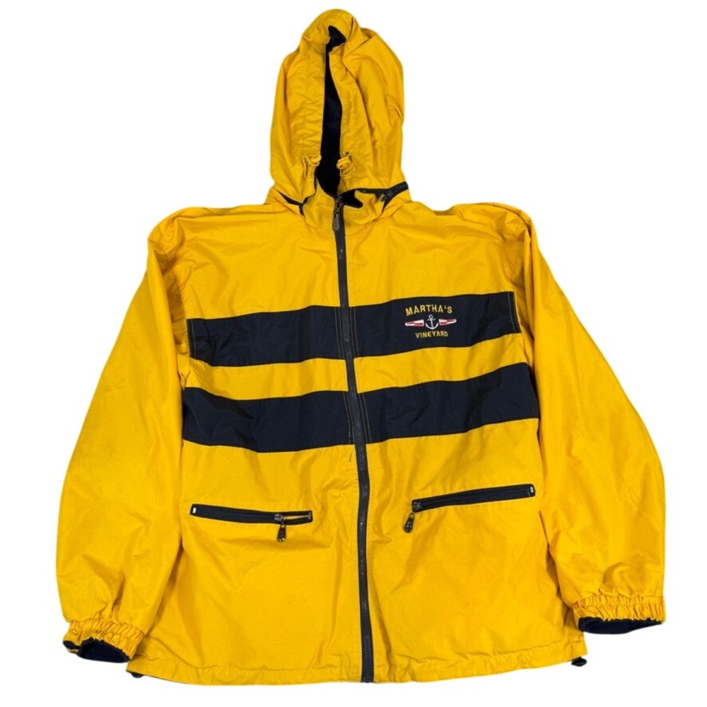 Martha's Vineyard Windbreaker Jacket Mens XL Yellow Navy Nautical Anchor Zip